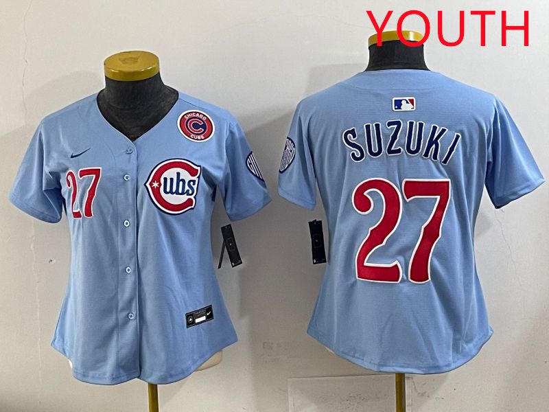 Youth 2025 Chicago Cubs #27 Suzuki Light Blue Game Nike MLB Jersey style 4->women mlb jersey->Women Jersey